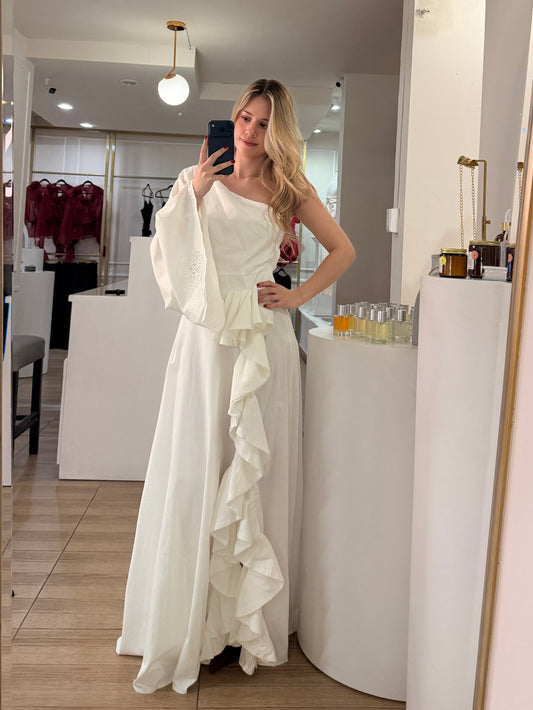 Vestido blanco largo escote diagonal